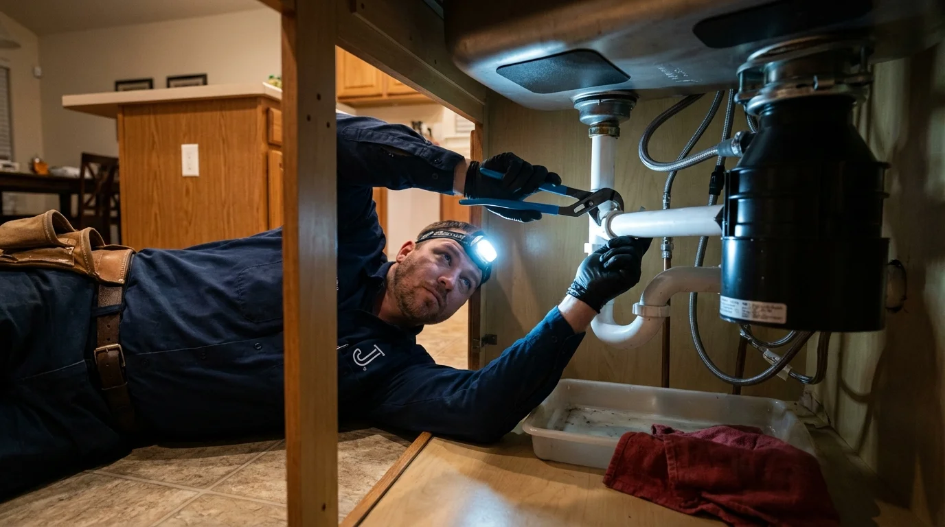 P-trap and supply line connections under a kitchen sink showing a common leak point in Reno, NV